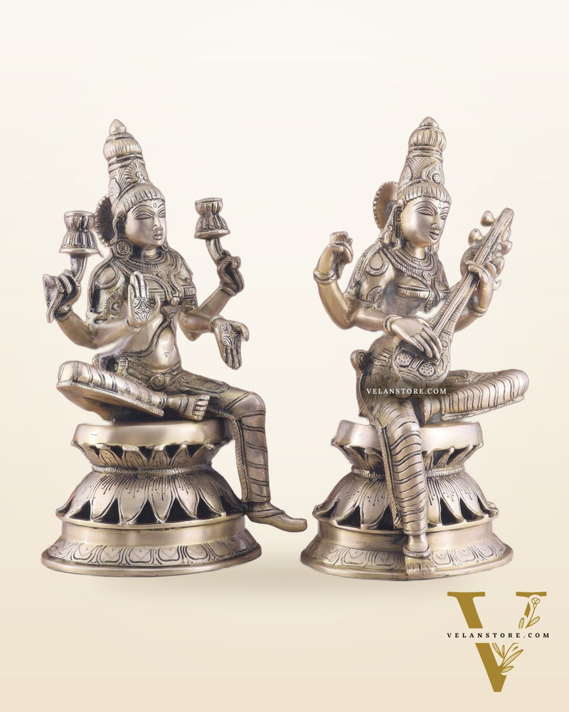 Vintage Brass Lakshmi and Saraswati Idol Pair - 12"