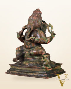 Vintage Brass Lord Ganesha Statue with Green Patina Finish - 14"