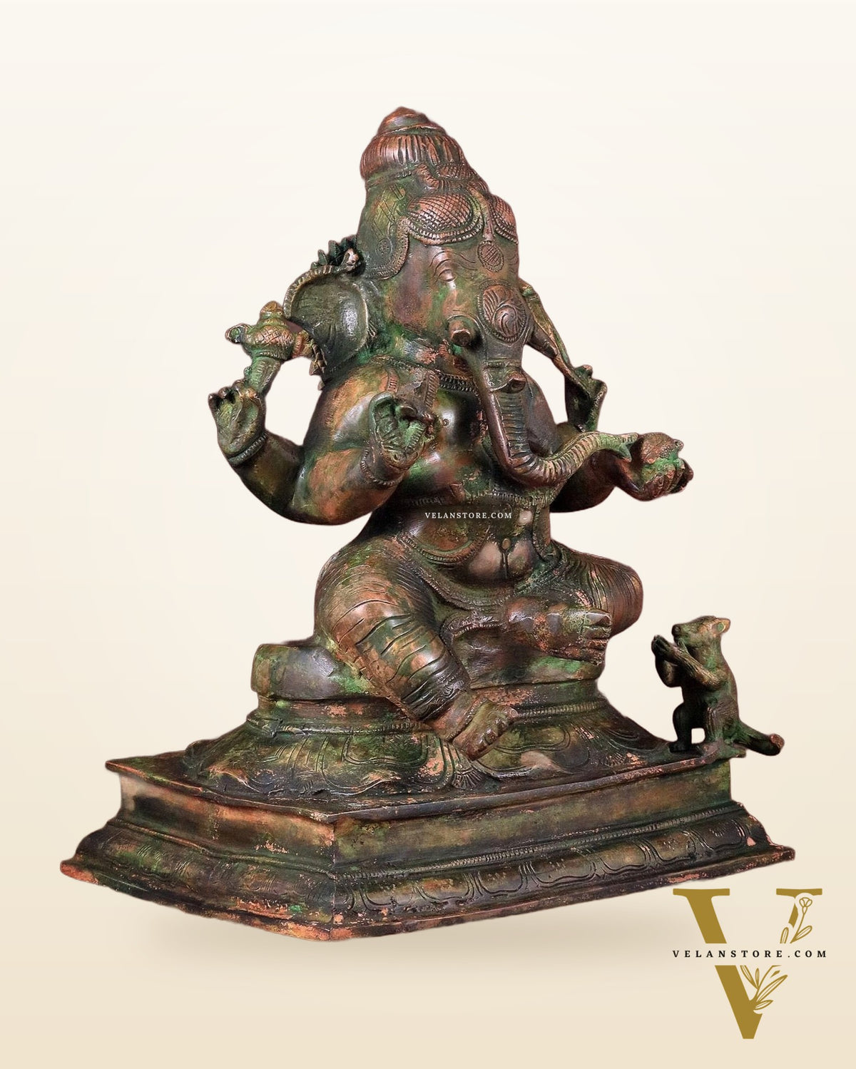 Vintage Brass Lord Ganesha Statue with Green Patina Finish - 14"