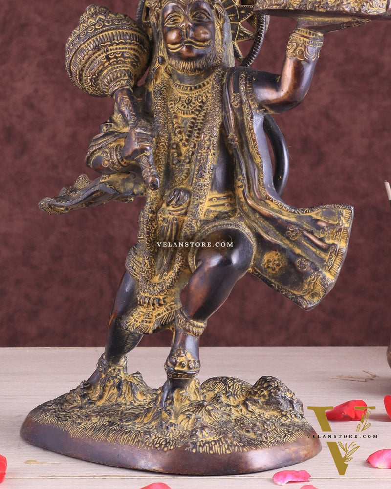 Vintage Brass Lord Hanuman Statue Carrying Sanjeevani Mountain 10.5"