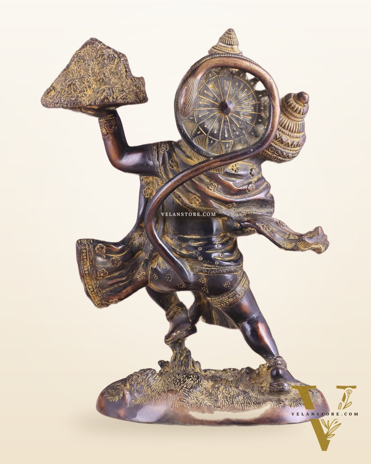 Vintage Brass Lord Hanuman Statue Carrying Sanjeevani Mountain 10.5"
