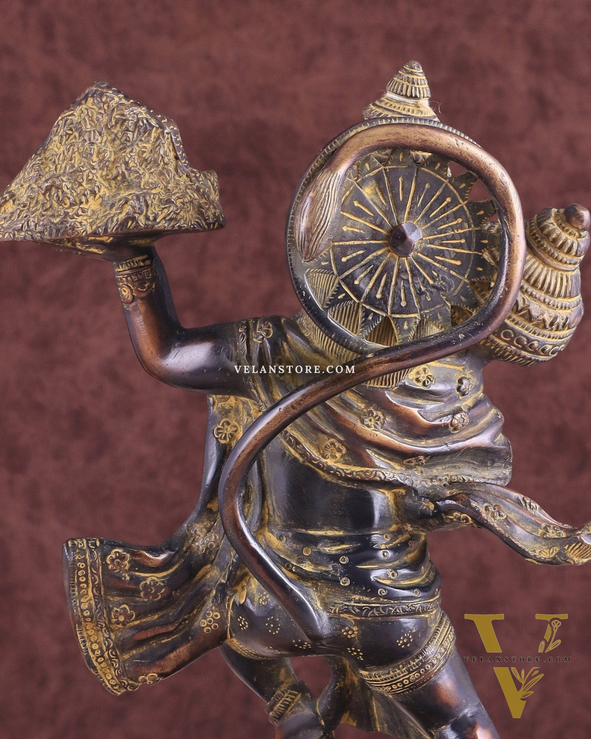 Vintage Brass Lord Hanuman Statue Carrying Sanjeevani Mountain 10.5"