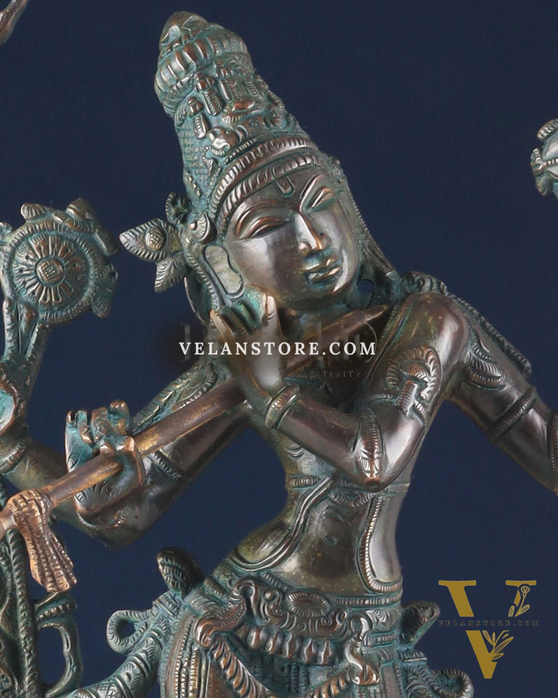 Vintage Brass Lord Krishna Statue with Prabhavali Arch – 18.5 Inches