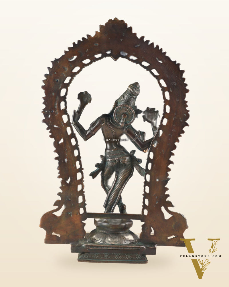 Vintage Brass Lord Krishna Statue with Prabhavali Arch – 18.5 Inches