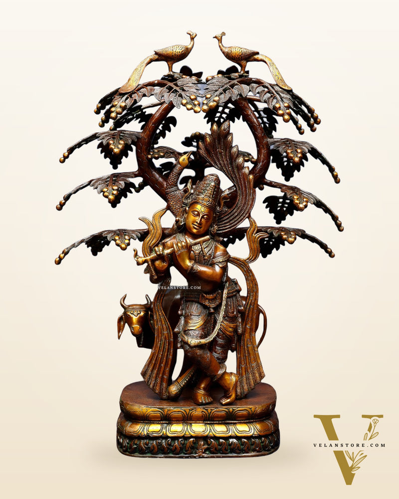 Vintage Brass Lord Krishna with Cow under Kalpavriksha – Large Statue 33"