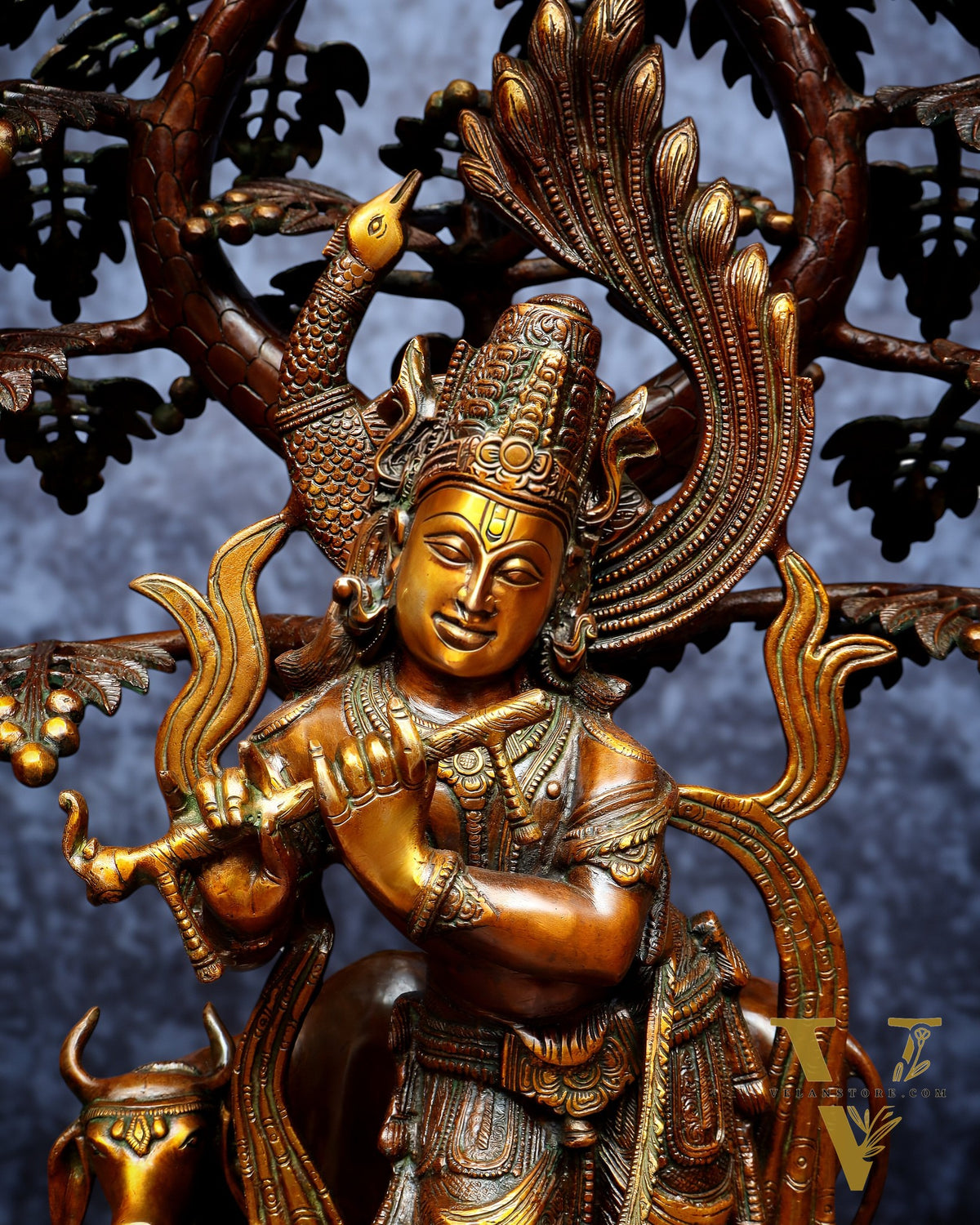 Vintage Brass Lord Krishna with Cow under Kalpavriksha – Large Statue 33"