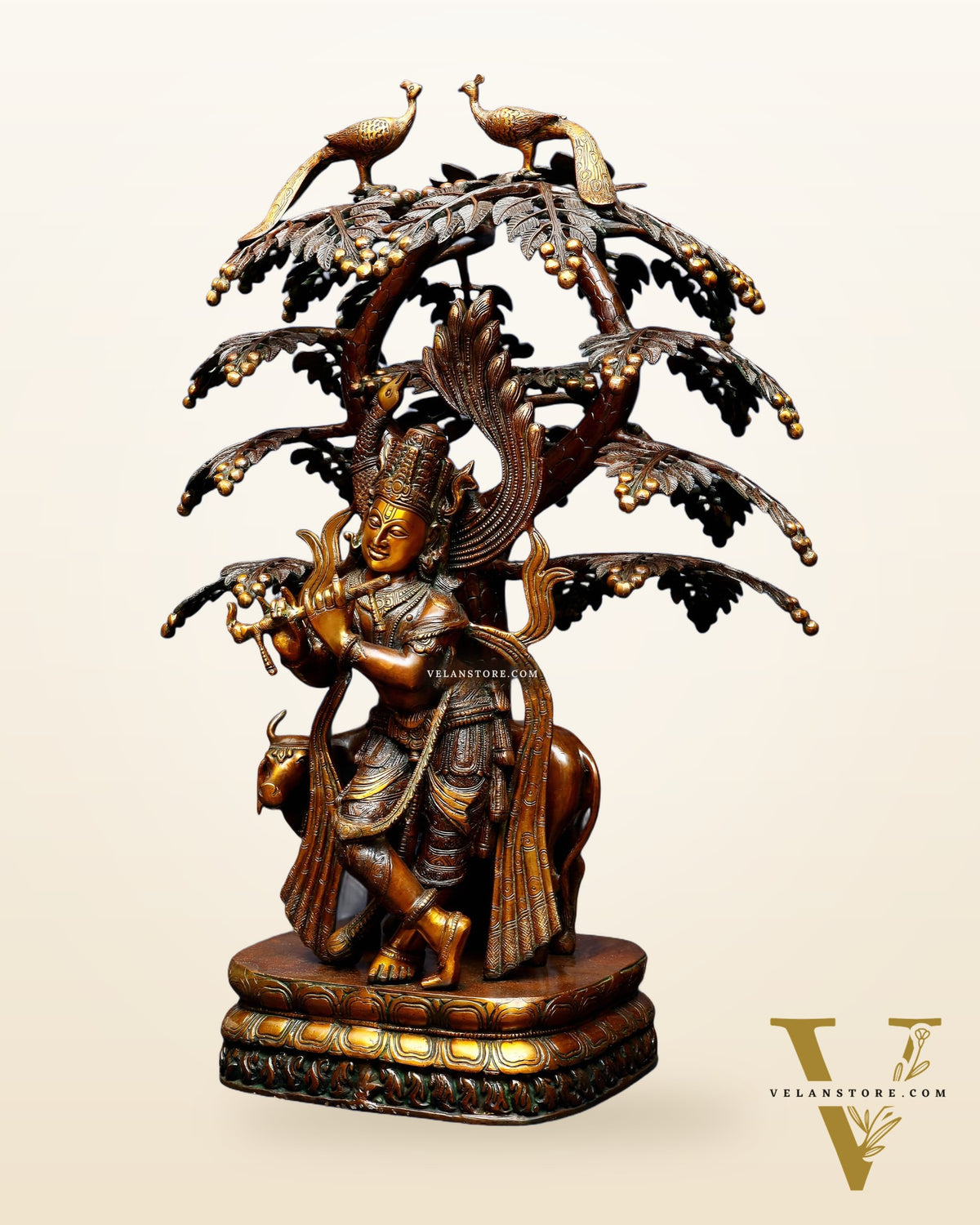Vintage Brass Lord Krishna with Cow under Kalpavriksha – Large Statue 33"