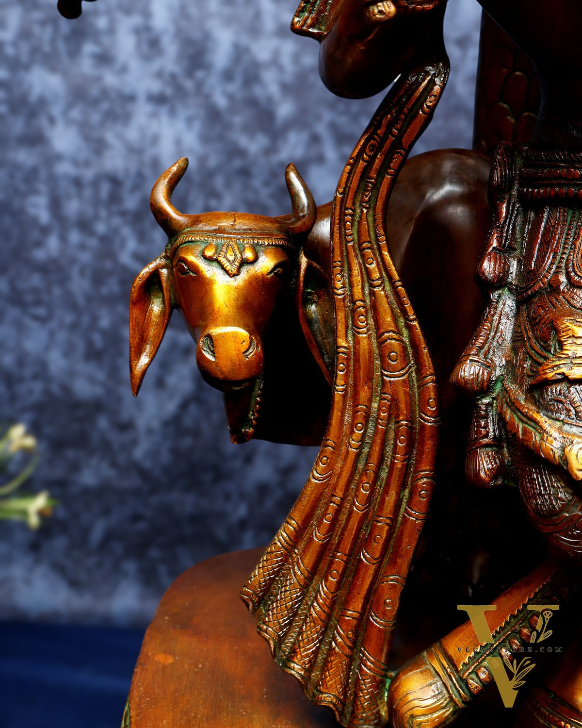 Vintage Brass Lord Krishna with Cow under Kalpavriksha – Large Statue 33"