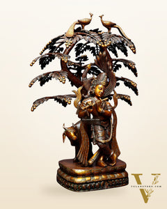 Vintage Brass Lord Krishna with Cow under Kalpavriksha – Large Statue 33"