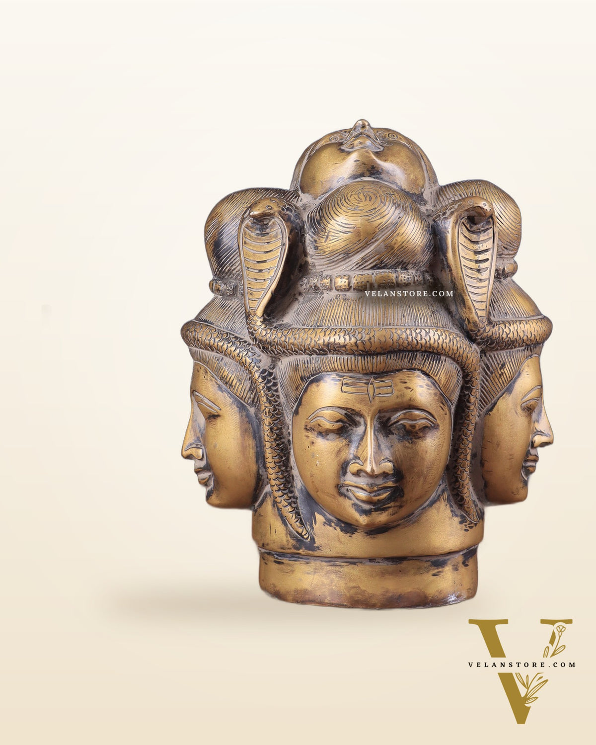 Vintage Brass Lord Shiva Four-Faced Mukhalingam with Parvati Face on Top 9"