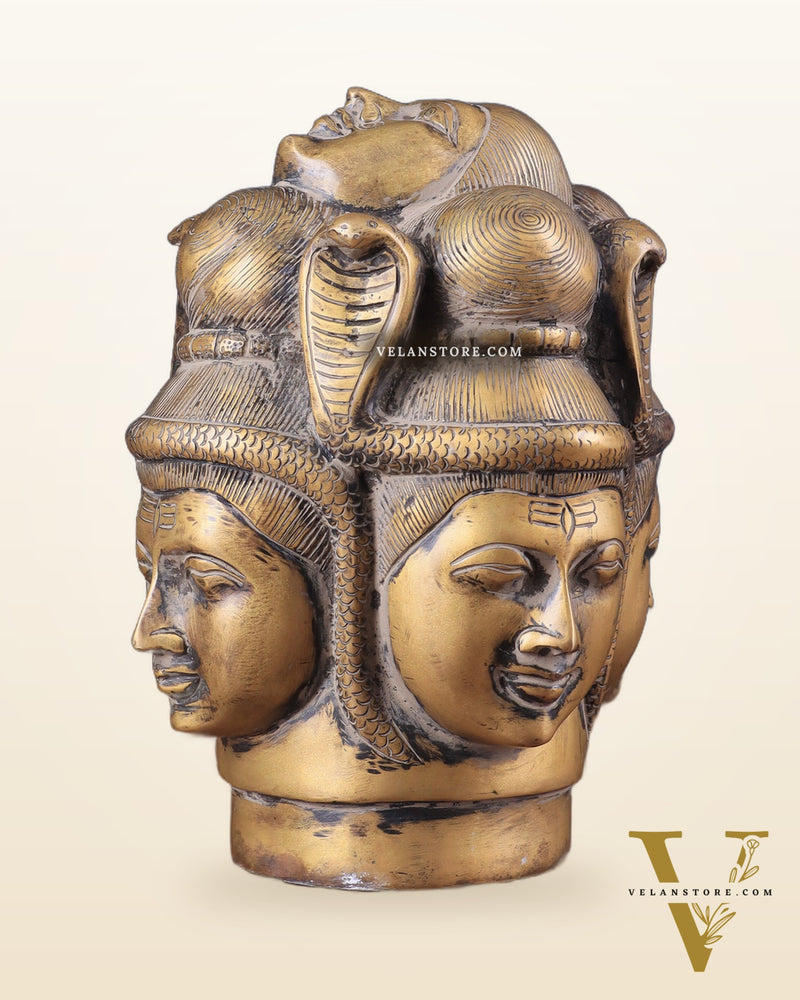 Vintage Brass Lord Shiva Four-Faced Mukhalingam with Parvati Face on Top 9"