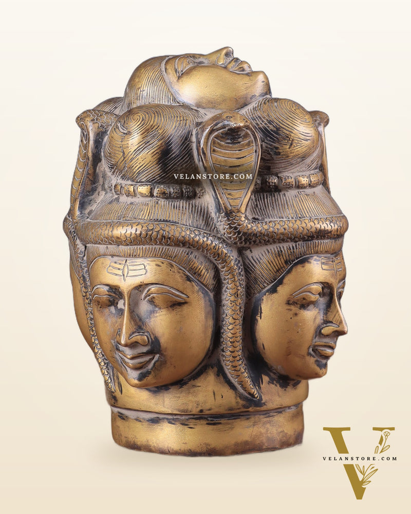 Vintage Brass Lord Shiva Four-Faced Mukhalingam with Parvati Face on Top 9"
