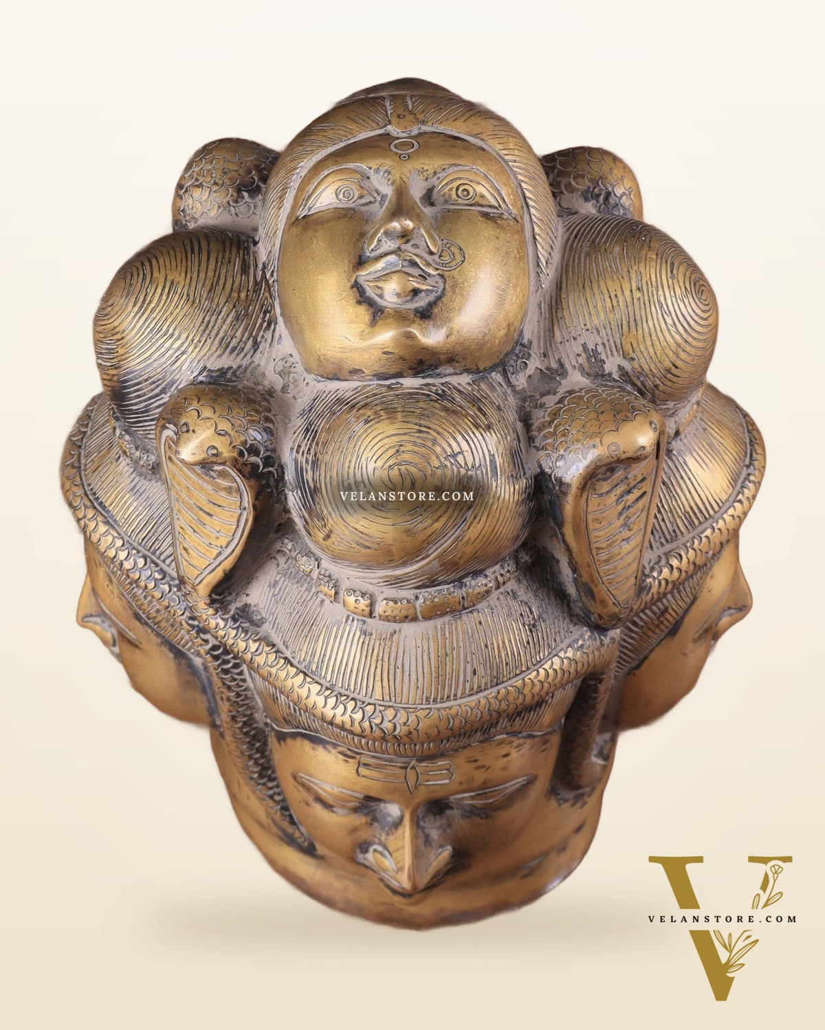 Vintage Brass Lord Shiva Four-Faced Mukhalingam with Parvati Face on Top 9"