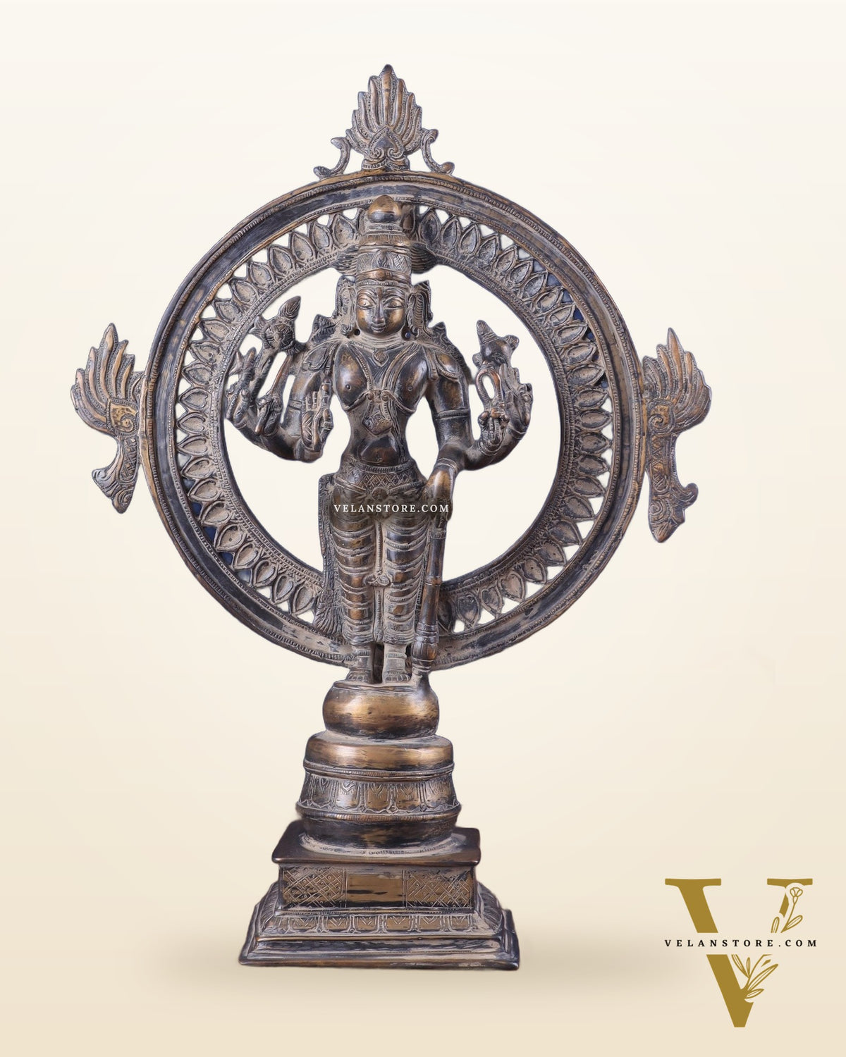 Vintage Brass Lord Vishnu Statue with Sudarshan Chakra Aura - 16.5 Inch