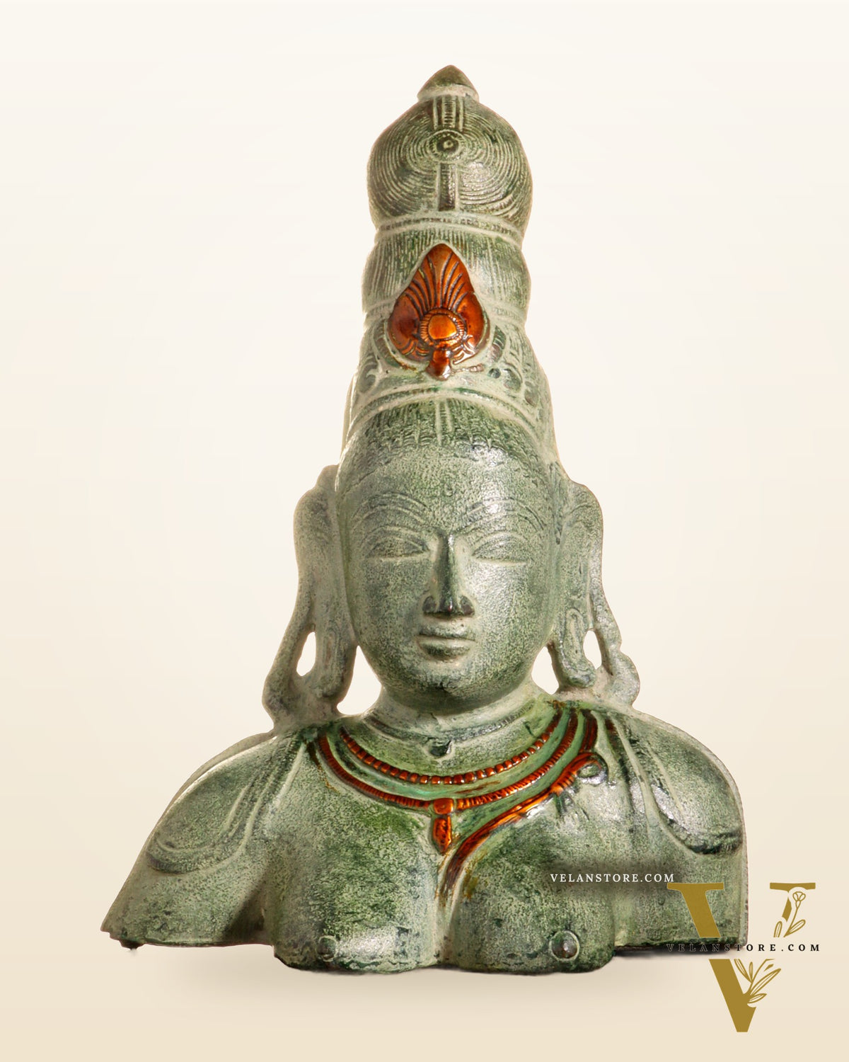 Vintage Brass Parvati Face Statue – Uma Bust in Green Sand Patina 10.5"