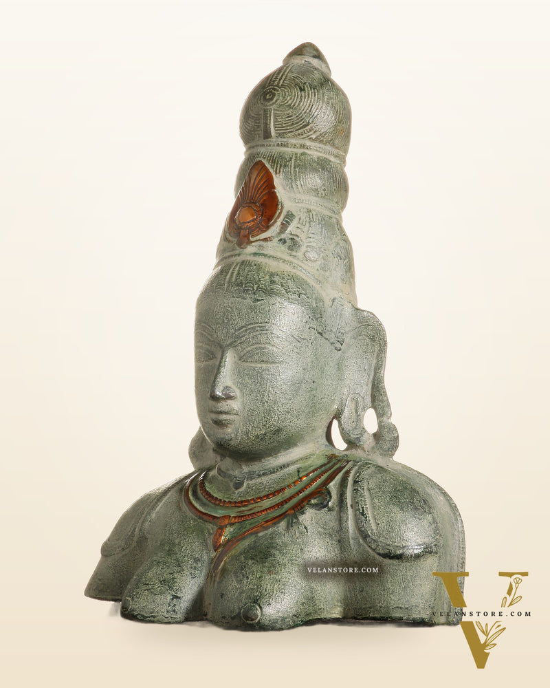 Vintage Brass Parvati Face Statue – Uma Bust in Green Sand Patina 10.5"