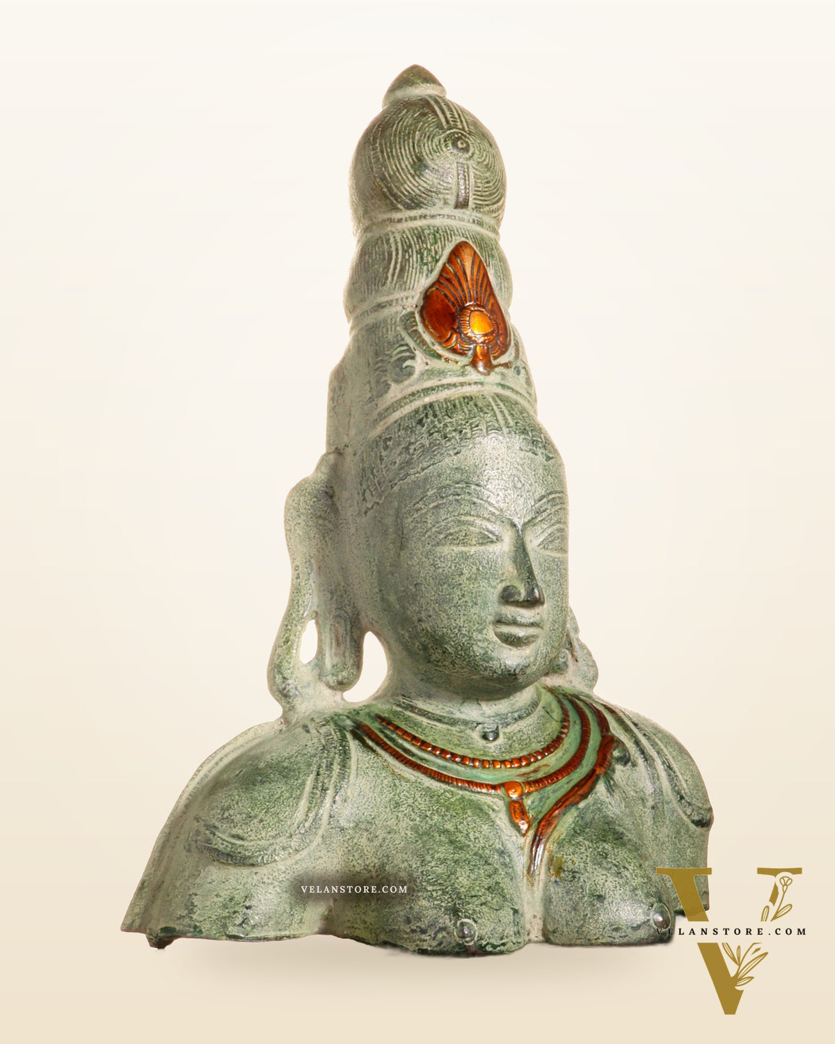 Vintage Brass Parvati Face Statue – Uma Bust in Green Sand Patina 10.5"