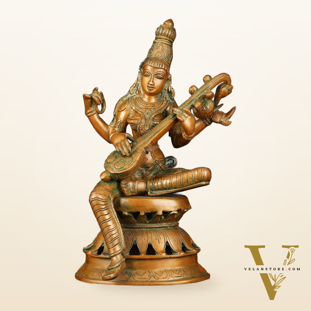 Vintage Brass Saraswati Idol - 12" Divine Sculpture