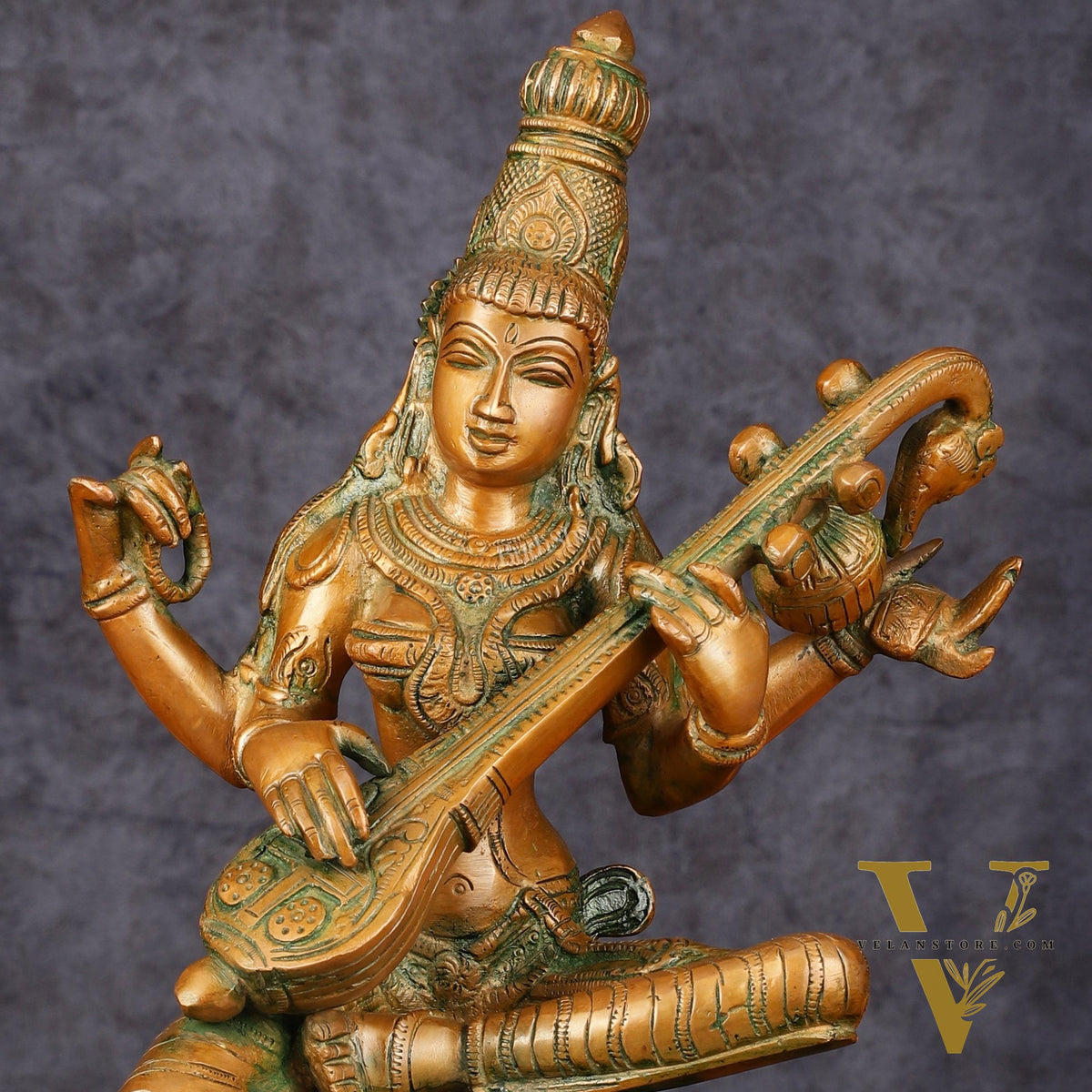 Vintage Brass Saraswati Idol - 12" Divine Sculpture