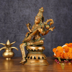 Vintage Brass Saraswati Idol - 12" Divine Sculpture