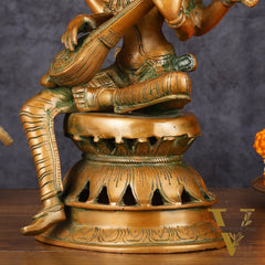 Vintage Brass Saraswati Idol - 12" Divine Sculpture