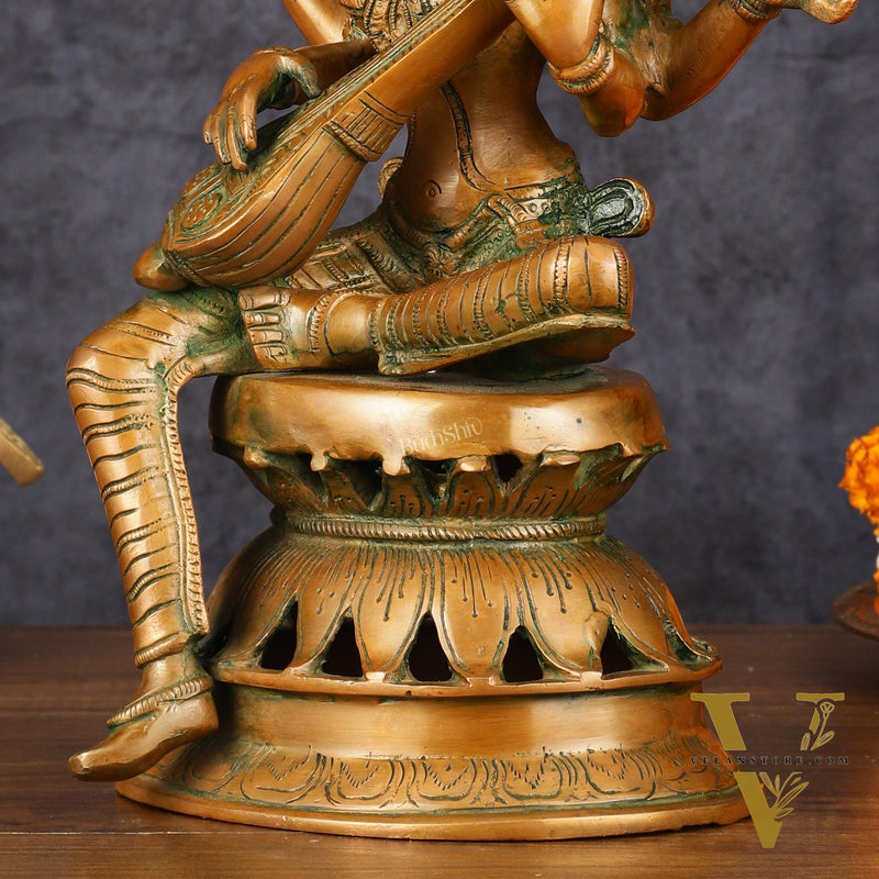 Vintage Brass Saraswati Idol - 12" Divine Sculpture