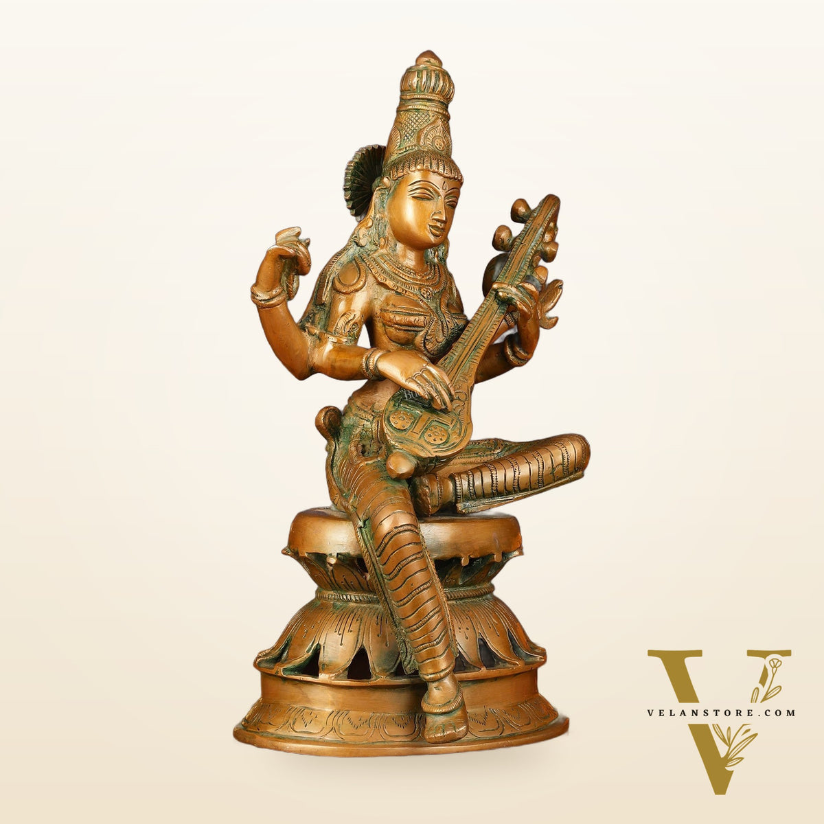 Vintage Brass Saraswati Idol - 12" Divine Sculpture
