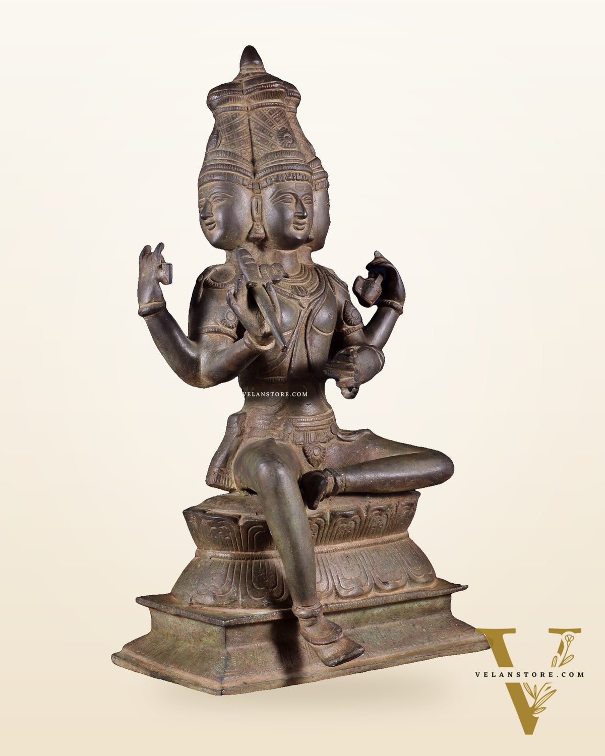 Vintage Brass Seated Lord Brahma Sculpture - 16 inch
