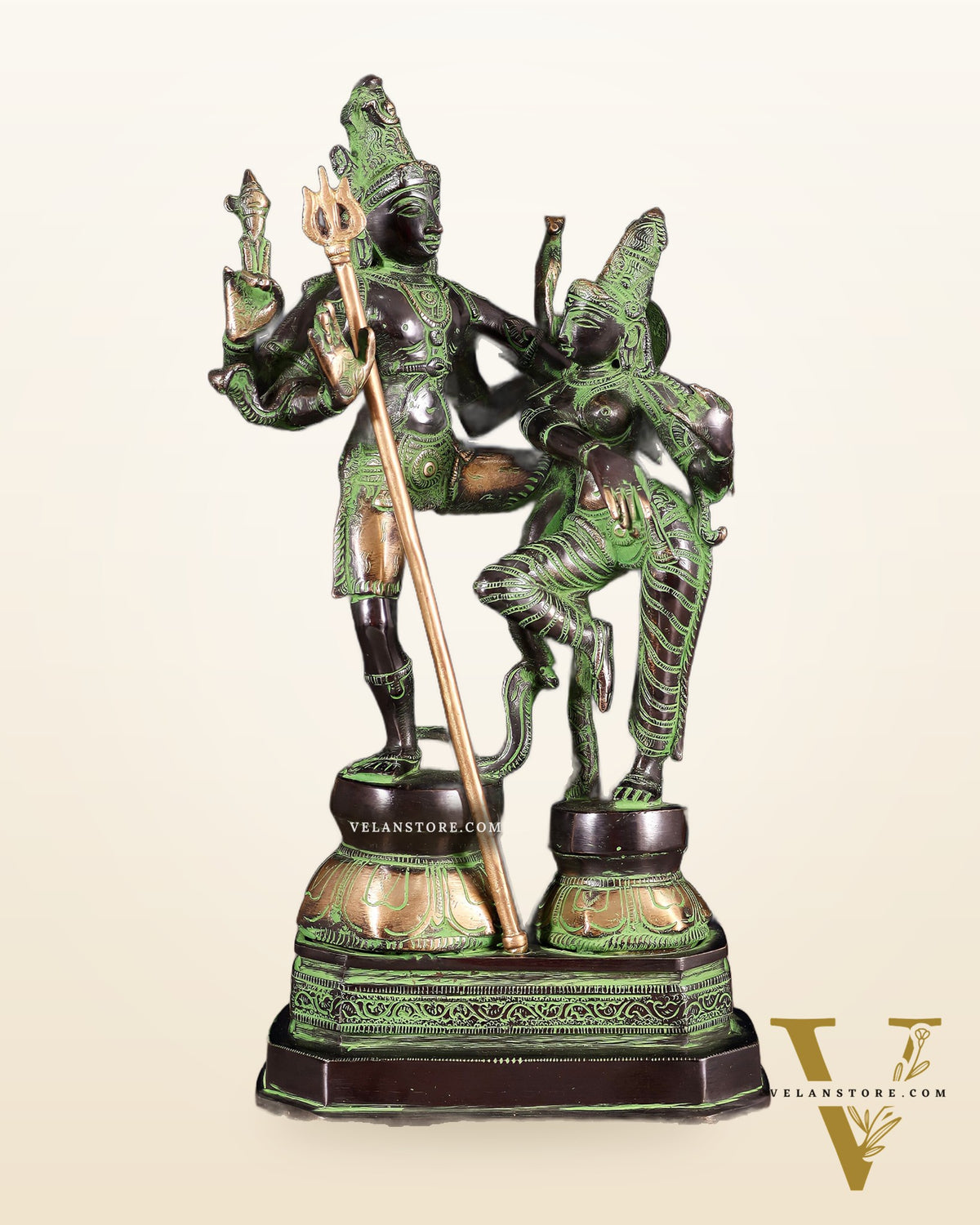 Vintage Brass Shiva Parvati Dancing Idols - 12.5" black and green