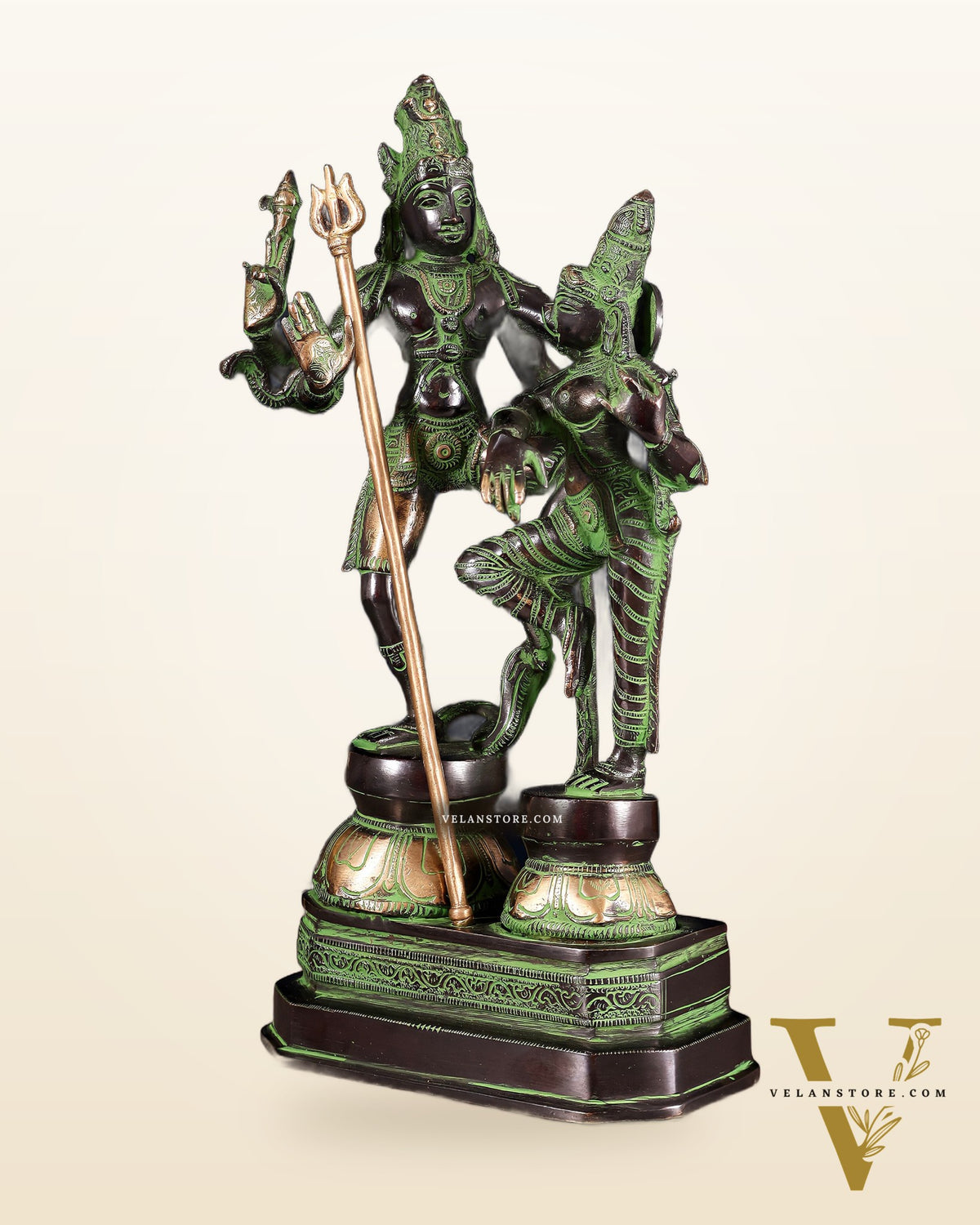 Vintage Brass Shiva Parvati Dancing Idols - 12.5" black and green