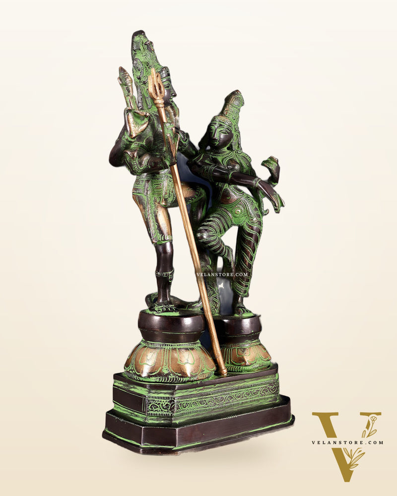 Vintage Brass Shiva Parvati Dancing Idols - 12.5" black and green
