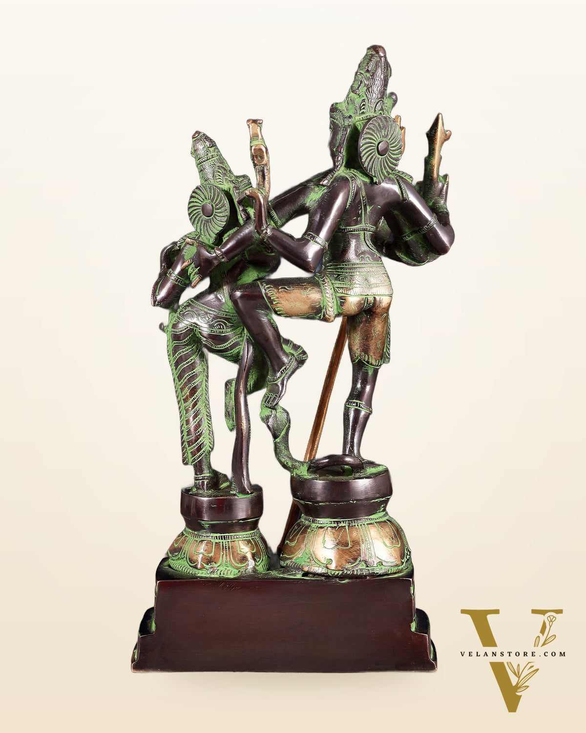 Vintage Brass Shiva Parvati Dancing Idols - 12.5" black and green