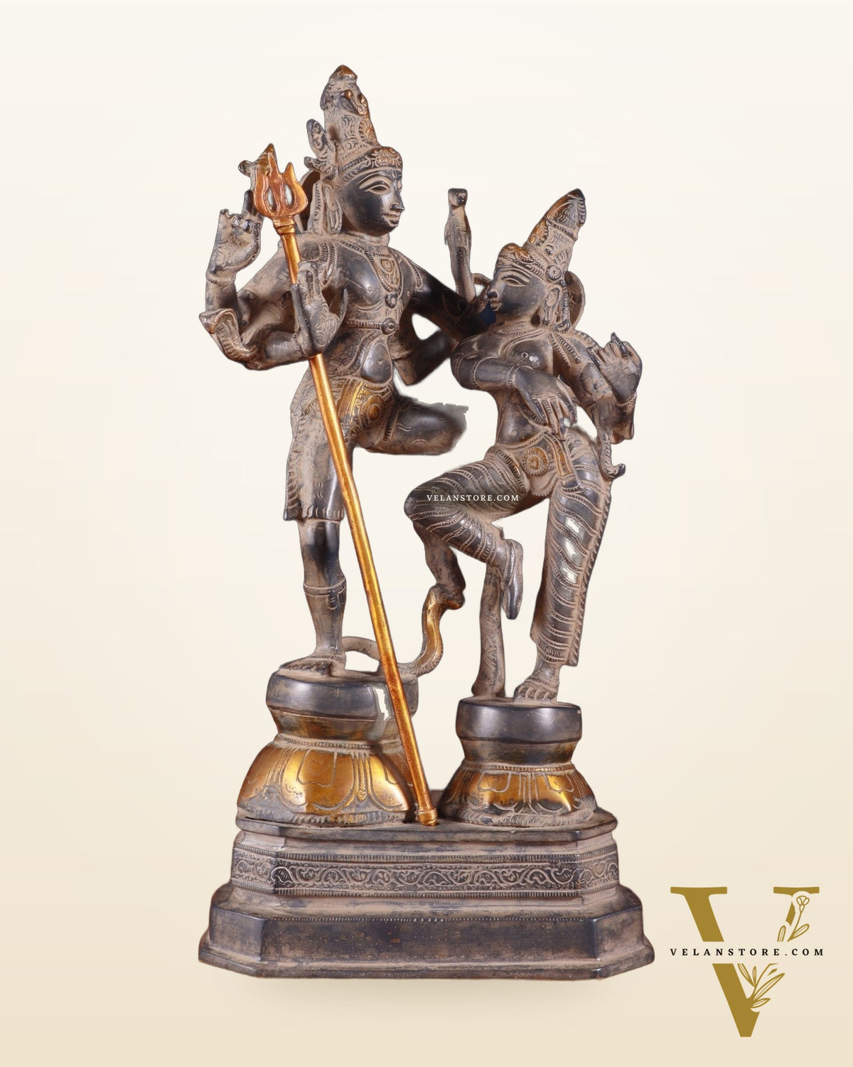Vintage Brass Shiva Parvati Dancing Idols - 12.5" grey Finish Patina