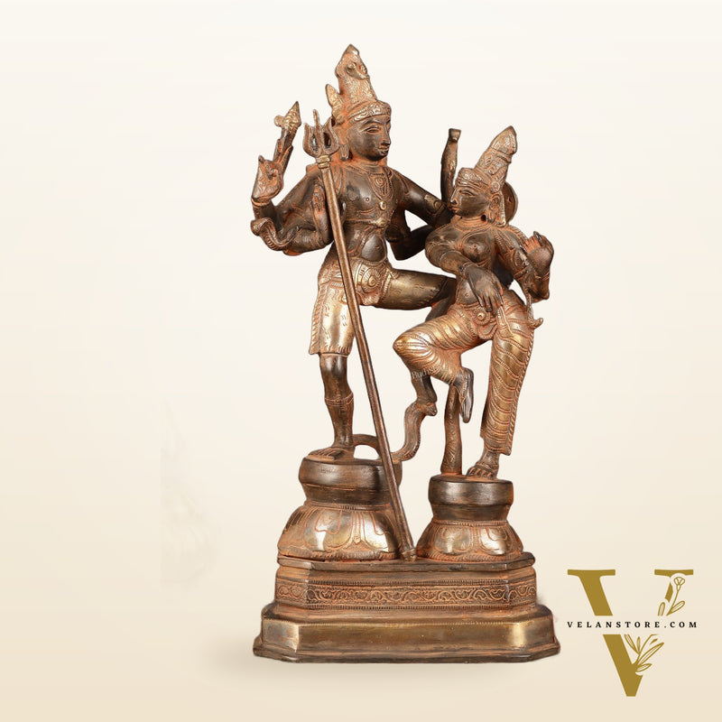 Vintage Brass Shiva Parvati Dancing Idols - 12.5" Sand Finish Patina