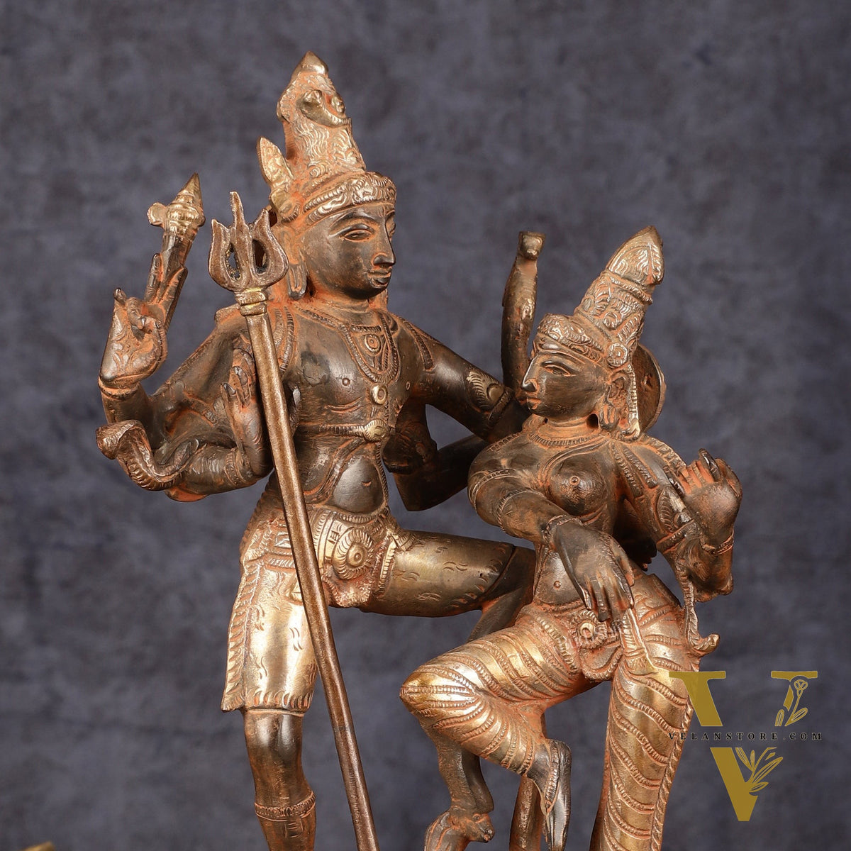 Vintage Brass Shiva Parvati Dancing Idols - 12.5" Sand Finish Patina