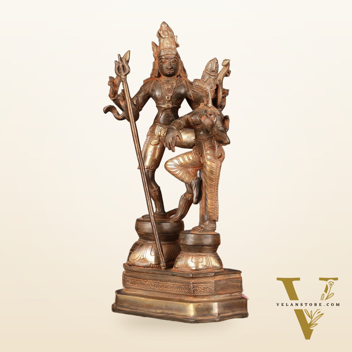 Vintage Brass Shiva Parvati Dancing Idols - 12.5" Sand Finish Patina