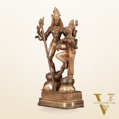 Vintage Brass Shiva Parvati Dancing Idols - 12.5" Sand Finish Patina