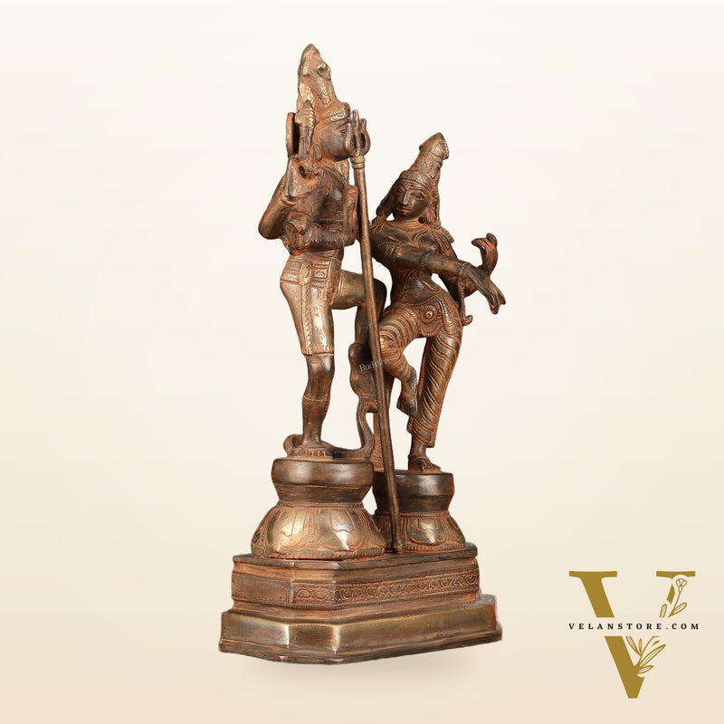Vintage Brass Shiva Parvati Dancing Idols - 12.5" Sand Finish Patina