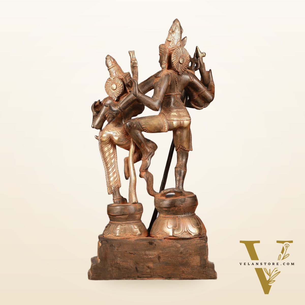 Vintage Brass Shiva Parvati Dancing Idols - 12.5" Sand Finish Patina