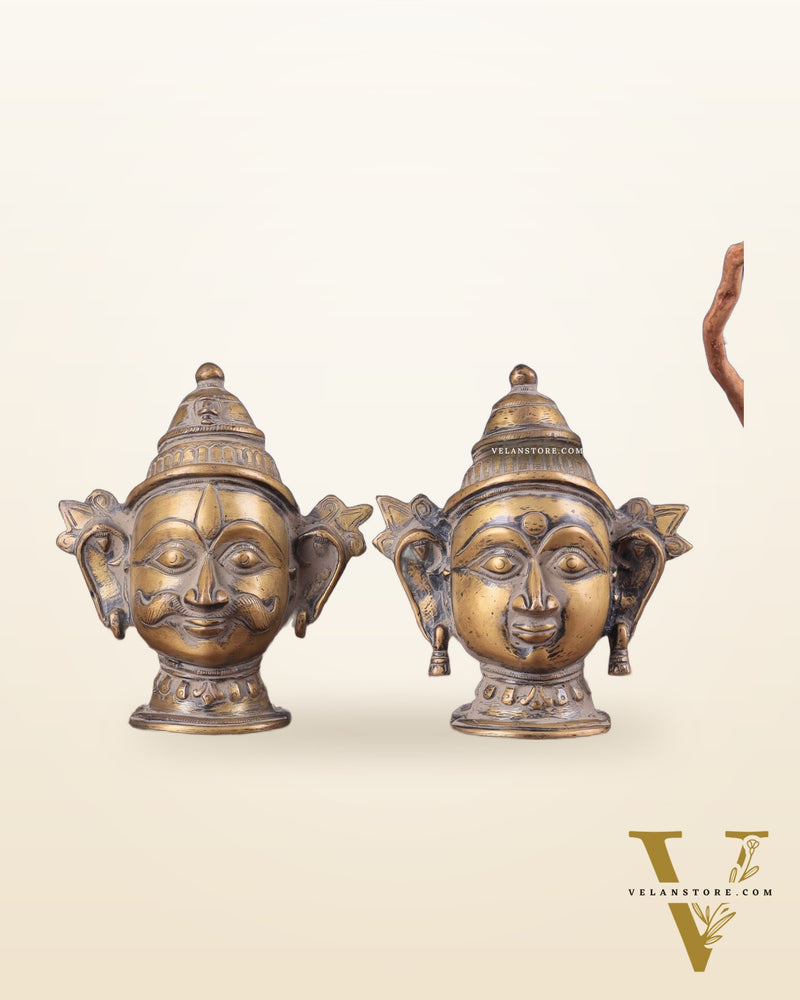 Vintage Brass Shiva Parvati Face Shiv Gauri Mukhalingam Head Idols – 7" Height, Pair