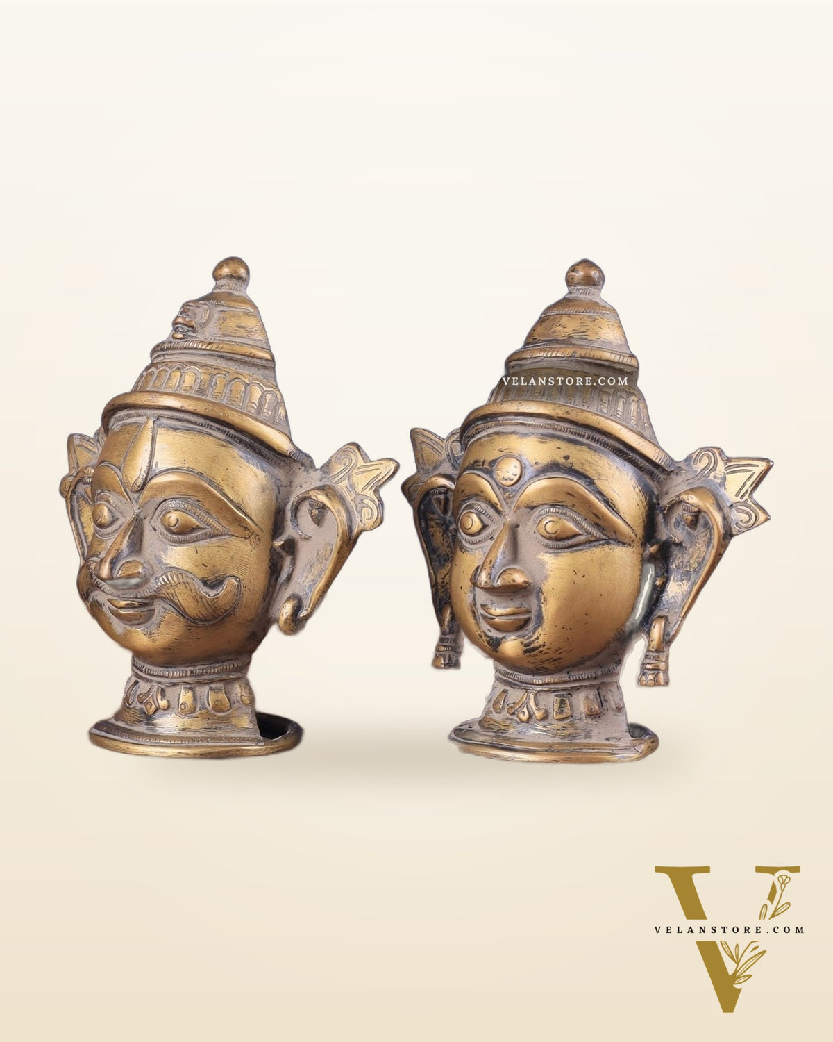 Vintage Brass Shiva Parvati Face Shiv Gauri Mukhalingam Head Idols – 7" Height, Pair