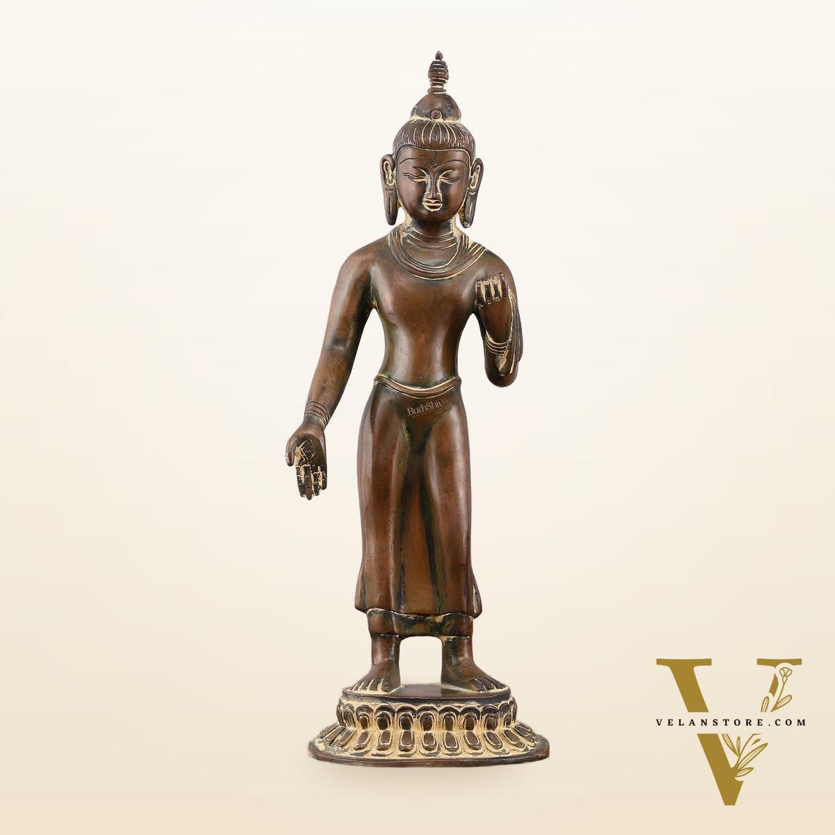 Vintage Brass Standing Buddha Statue – 14.5 inch