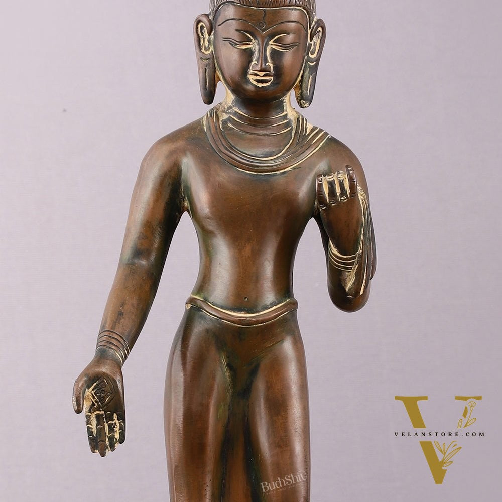 Vintage Brass Standing Buddha Statue – 14.5 inch