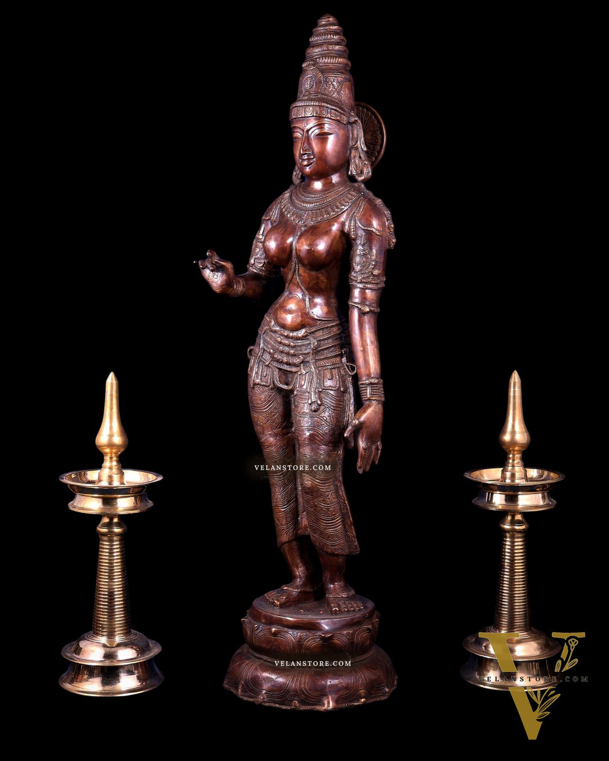 Vintage Brass Standing Uma Parvati Statue – Copper Tone 44 inch
