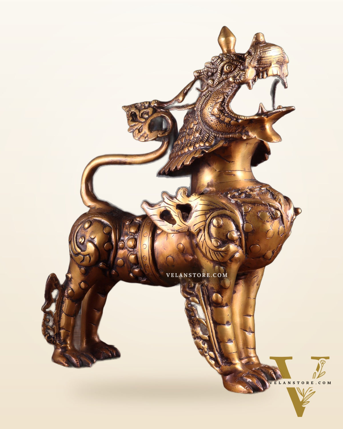 Vintage Brass Tibetan Snow Lion Statue 14.5 inch