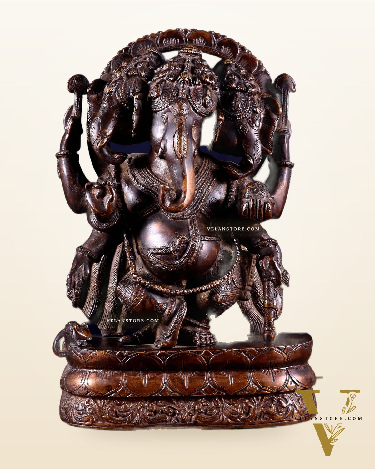 Vintage Brass Trimukha dancing Ganapati Sculpture | Three-Faced Lord Ganesha | 12"