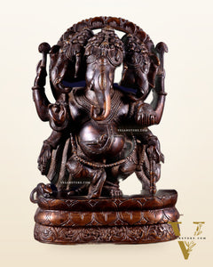 Vintage Brass Trimukha dancing Ganapati Sculpture | Three-Faced Lord Ganesha | 12"