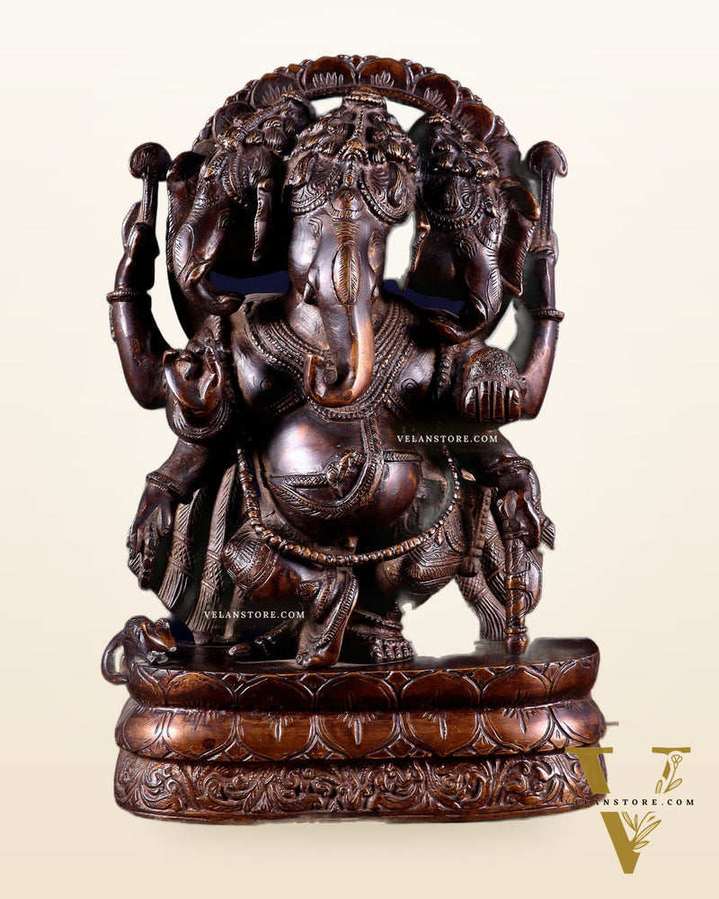 Vintage Brass Trimukha dancing Ganapati Sculpture | Three-Faced Lord Ganesha | 12"