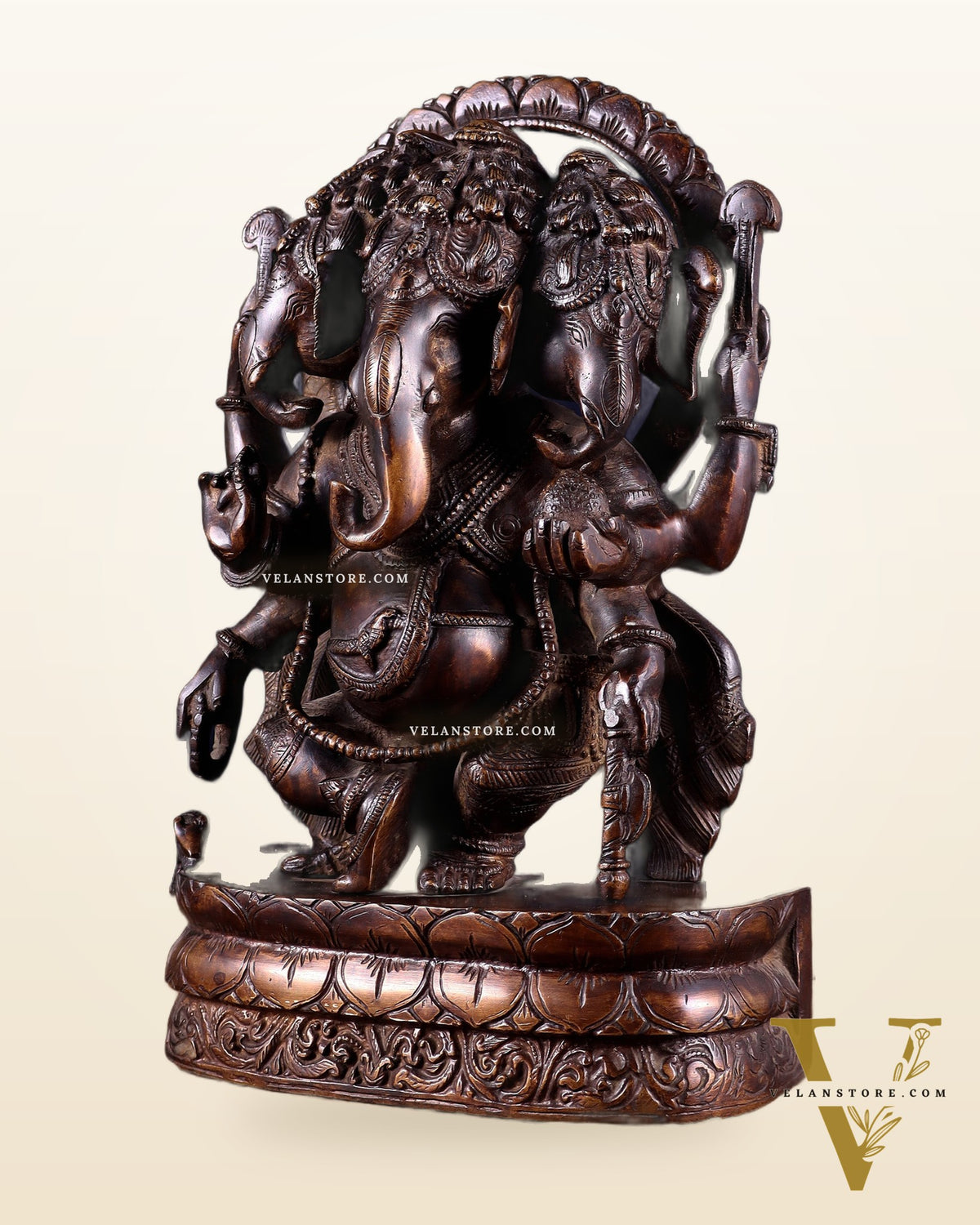 Vintage Brass Trimukha dancing Ganapati Sculpture | Three-Faced Lord Ganesha | 12"