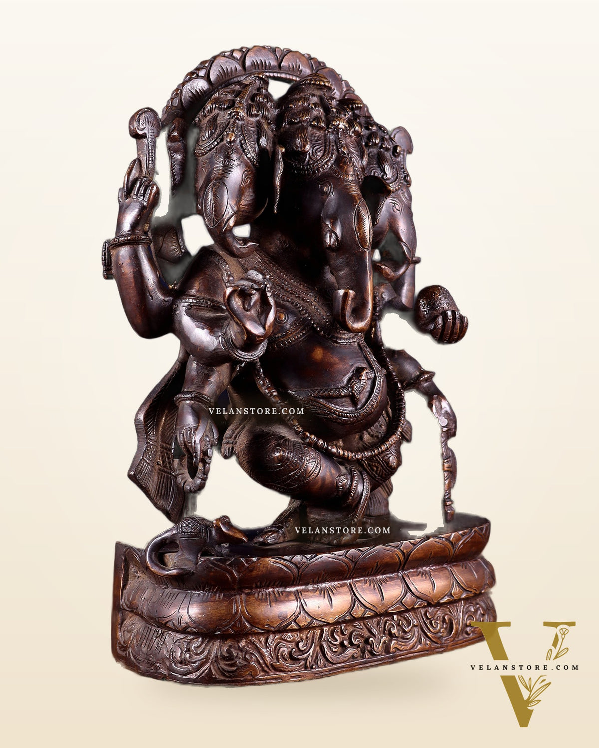 Vintage Brass Trimukha dancing Ganapati Sculpture | Three-Faced Lord Ganesha | 12"